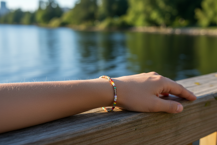 A colourful Beed bracelet worn outdoors beside the water